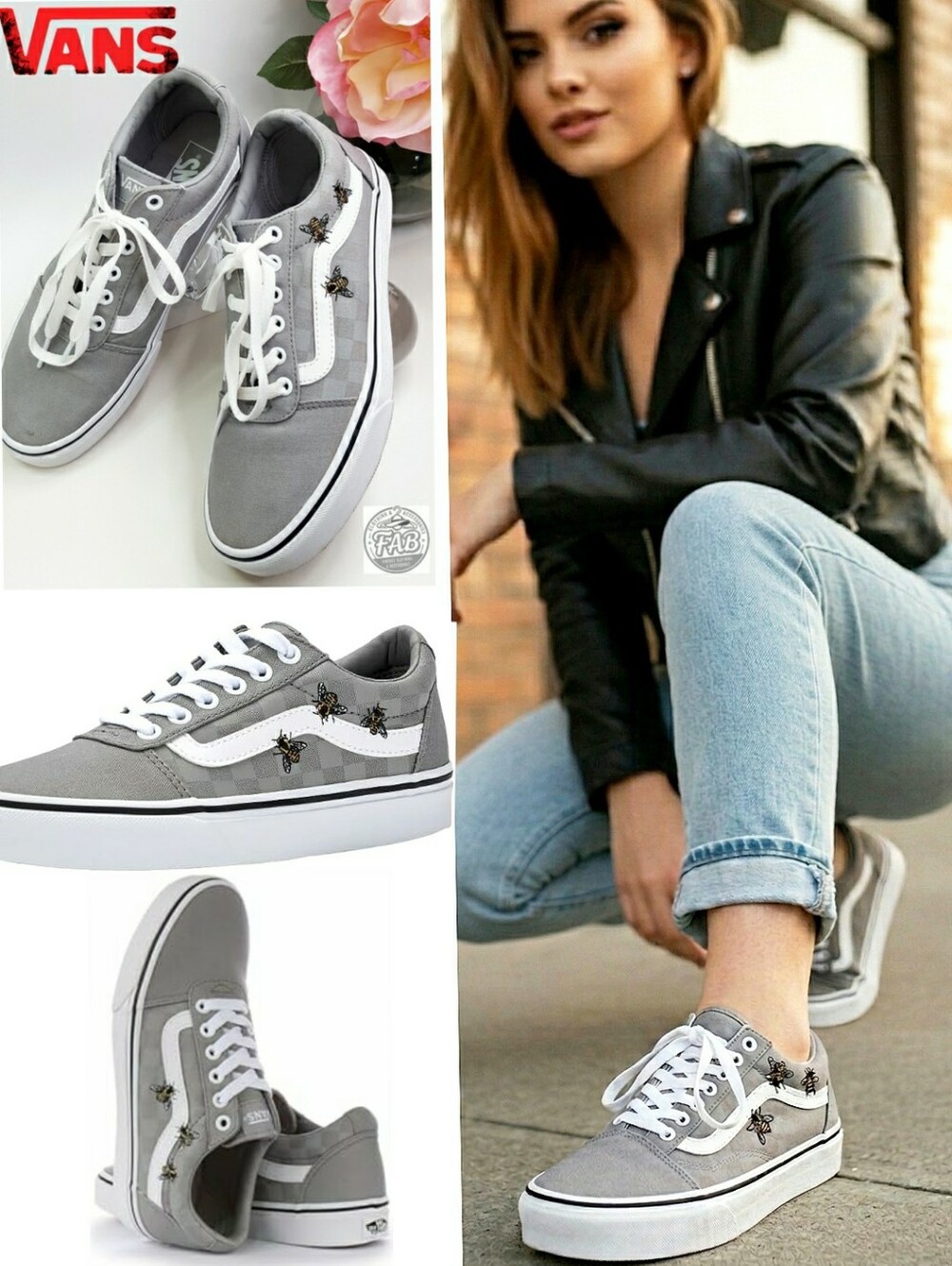 Vans🐝Ward Grey Checkerboard Old Skool Sneakers| Embroidery Bees Drizzle
